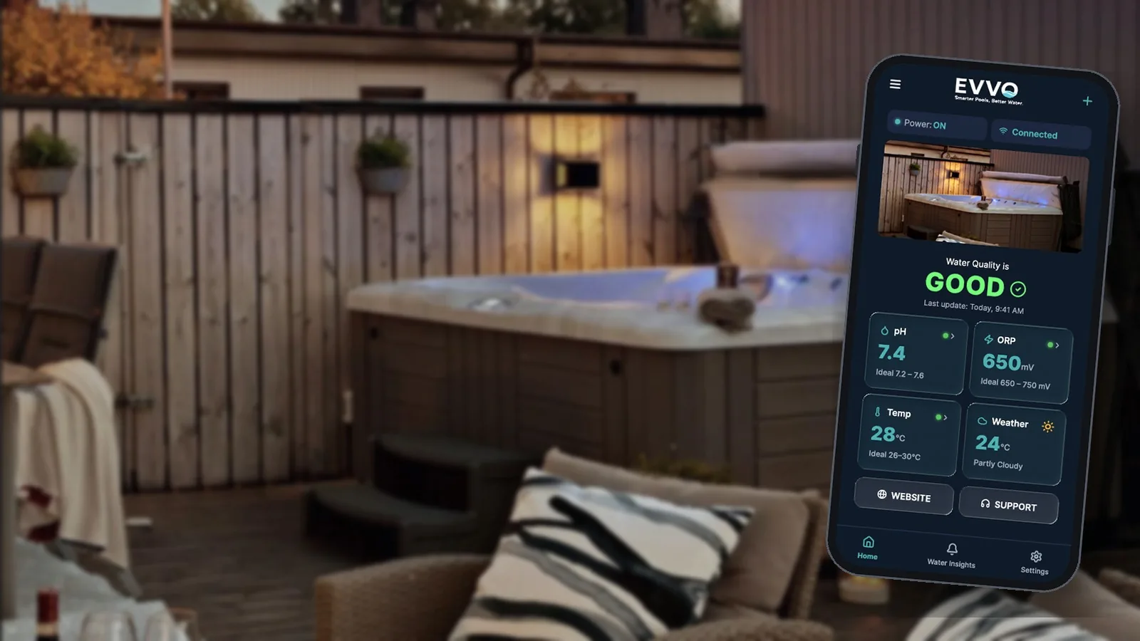 Spa en una terraza con la app EVVO mostrando una buena calidad del agua