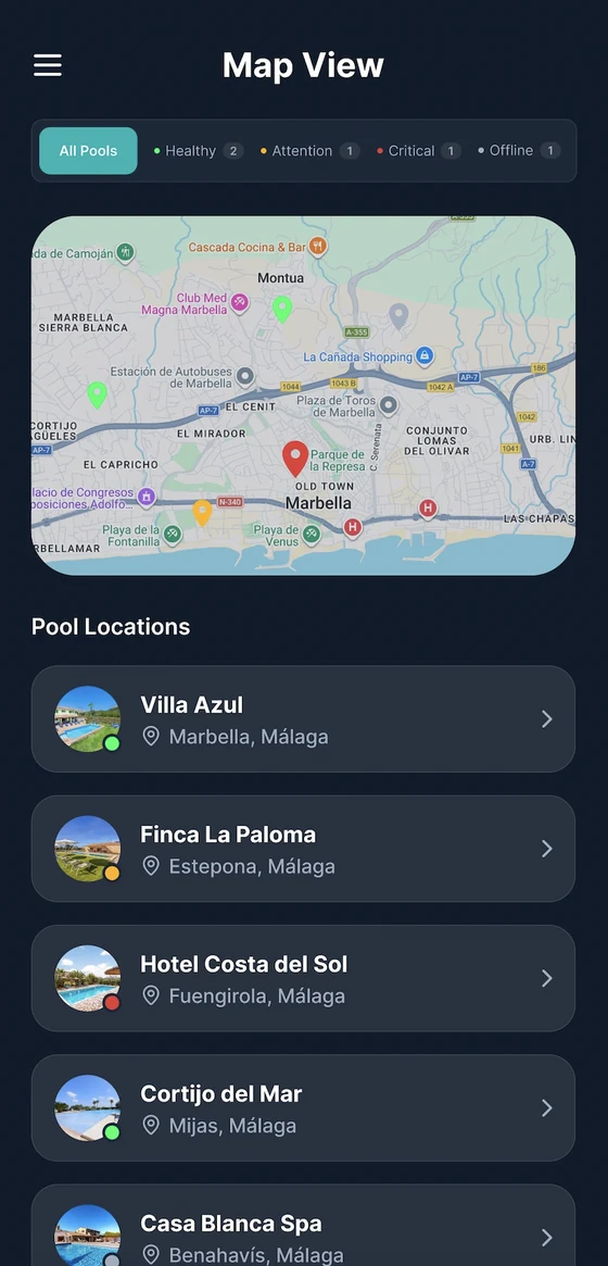 Kartenansicht der verbundenen Poolanlagen in der EVVO Pro-App
