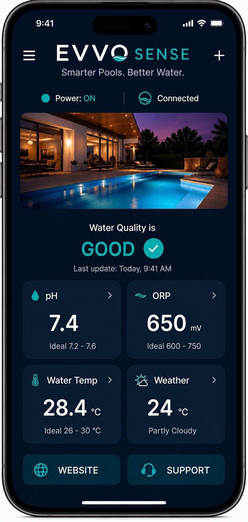EVVO Sense App — Real-time pool monitoring dashboard